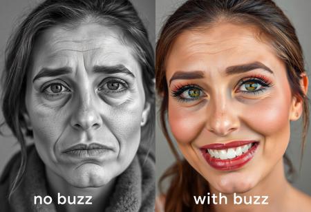 A split photo of a woman's face. 
The left side of her face titled "no buzz" is black and white, her skin is dry and her expression is sad. The right side of her face is shown in full color. Her skin looks healthy, her makeup is bold and perfect. She looks happy. The right side is titled "with buzz".