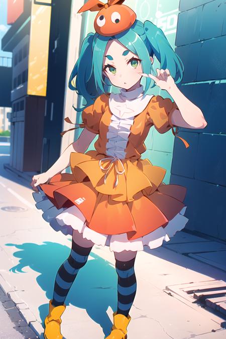 1girl, female, solo, (yotsugi_ononoki), (ononokihat), hat, <lora:zaadyotsugi-v1-fp16:1> aqua_hair, short_hair, green_eyes, twintails, dress, striped_thighhighs, standing, detailed:1.4, background, hdri, 4k, masterpiece, day, city, street, boots, yellow_footwear