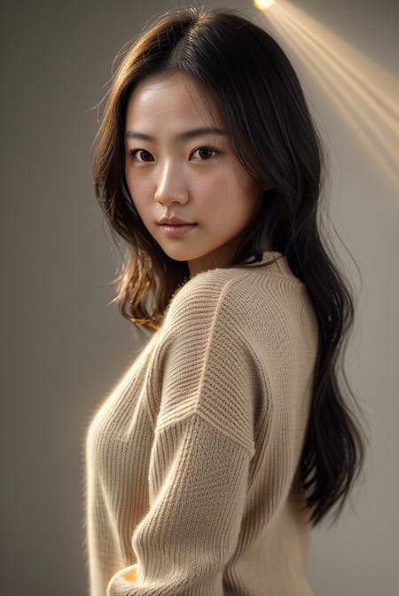 chinese ashleyl1ao, wearing a (peach sweater:1.2), head and shoulder portrait of an model, beautiful airbrush concept art by Artgerm, wlop and Dan Mumford, luminescent glowing skin. Hyperrealistic photgraph taken on a Hasselbad X2D-100C 80mm F12 ISO1000 . Smooth. 100 Megapixels. golden hazy sunlight rays streaming through hair, facial lighting, heavenly sunshine beams, divine bright soft focus, 32K UHD OLED, fill lighting, (epiCRealism), (long hair)