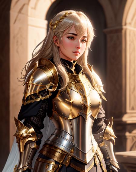 Masterpiece, absurdres, fine detail, HDR,highly detailed armor with gold plating, shiny armor, photorealistic,<lora:PLD_amor:0.75>,PLD_armor, a female knight in armor, wearing PLD_armor