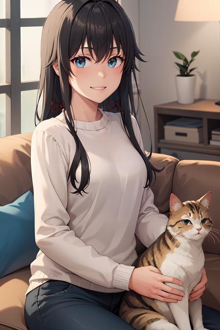 masterpiece, best quality, cowboy shot, looking at viewer, grin, yukino yukinoshita, long hair, hair ribbon, sweater, pants, holding cat, sitting, indoors, couch, <lora:yukino_yukinoshita_v2:1>