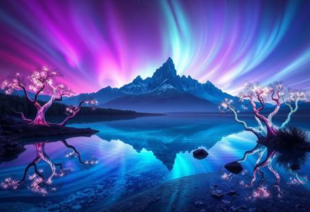 A breathtaking scene of a surreal landscape that blends the beauty of nature with abstract, dreamlike elements. The foreground features a crystal-clear, reflective lake that mirrors a sky filled with vibrant, swirling auroras in shades of purple, blue, and green. On the shore of the lake, unusual, glowing trees with twisted, spiraling branches reach out towards the heavens, their leaves shimmering in a spectrum of colors. In the distance, towering, otherworldly mountains with jagged peaks rise into the sky, partially obscured by wisps of ethereal mist. The entire scene is bathed in a soft, glowing light that enhances the vivid colors and gives the image a mystical, almost otherworldly feel. The horizon is a mix of deep purples and blues, creating a sense of infinite depth and wonder
