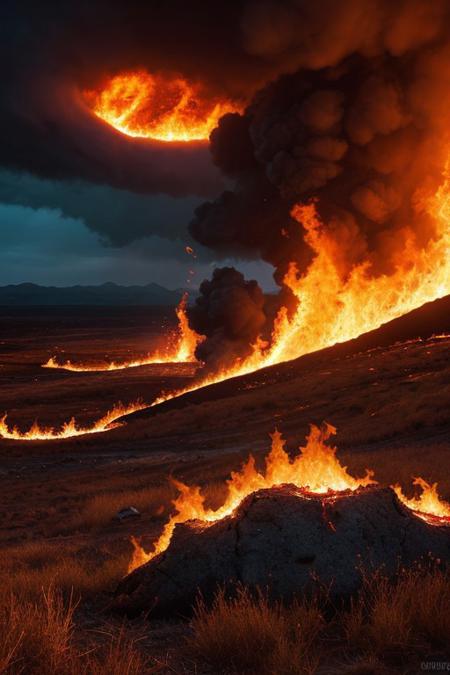 RAW photo, land of fire, destroyed beauty, fiery hell, picturesque scenery, burnt vegetation, tumultous sky, majestic landscape, enchanting atmosphere, water on fire, photorealistic, masterpiece, 64k, UHD, ultra detailed, vivid colors, high quality, sharp focus