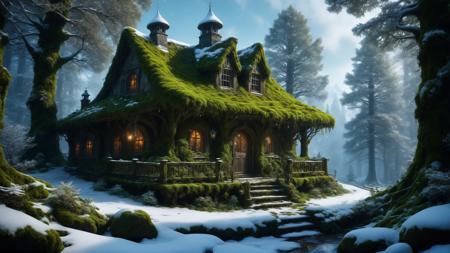 fantasy landscape, mossy forest, tavern, winter, snow, snowflakes, magical butterfly, horror, orb,, (masterpiece:1.2), (epic composition:1.4), (talent:1.2), ultra detailed, cinematic lighting, highly detailed, insanely detailed, (photorealistic:1.2), hdr, 8k, exquisite, sharp, elegant, ambient lighting, fantasy vivid colors, high quality,