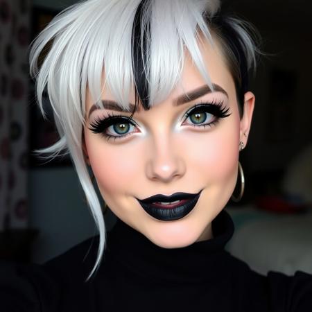 medium breasts, (curvy), cute, eyelashes, black hair, white hair, makeup, short hair, black lips, multicolored hair, two-tone hair, ear piercing, eyeshadow, gothic, shirt, lipstick, tattoo, turtleneck, cross, smile, looking at viewer, cowboy shot