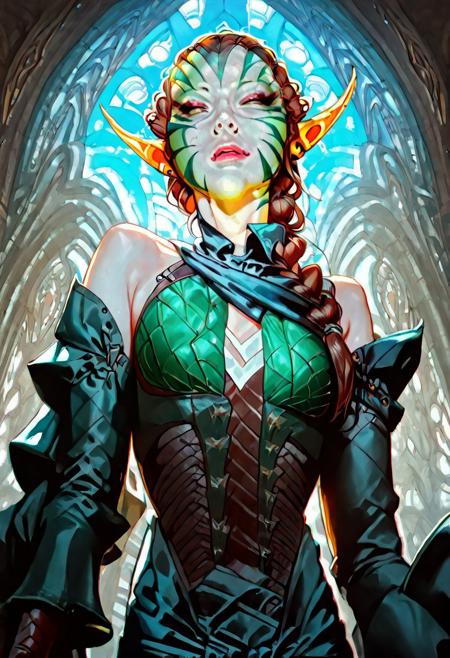 Nissa Revane (Magic the Gathering), score_9, score_8_up, score_8_up, source_cartoon, raw, 1girl, ((nsfw)) , sexy 20yo girl, dominant, volumetric lighting, heat body, sexy body, thick body, perfect body, toned body thigh gap, atheltic
pale skin, elf ears, pointy ears, face tattoos, brown hair, braid, fierce, 
BikiniArmorLeather_NissaRevane_ownwaifu, 
g0thicPXL,