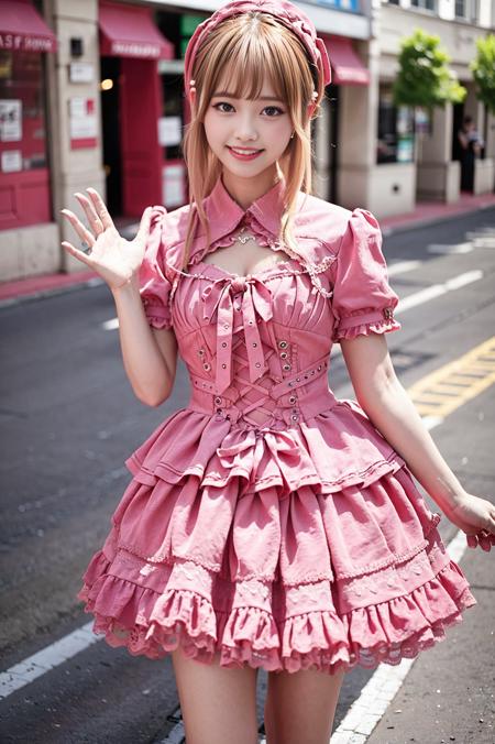 realistic, photorealistic, masterpiece, best quality, 1girl, solo, smile, looking at viewer, long pink hair,cowboy shot, bangs, cool_dress, standing in street, prefect lighting, <lora:cool_dress_style2_v1:0.75>,  <lora:JapaneseDollLikeness_v15:0.6>