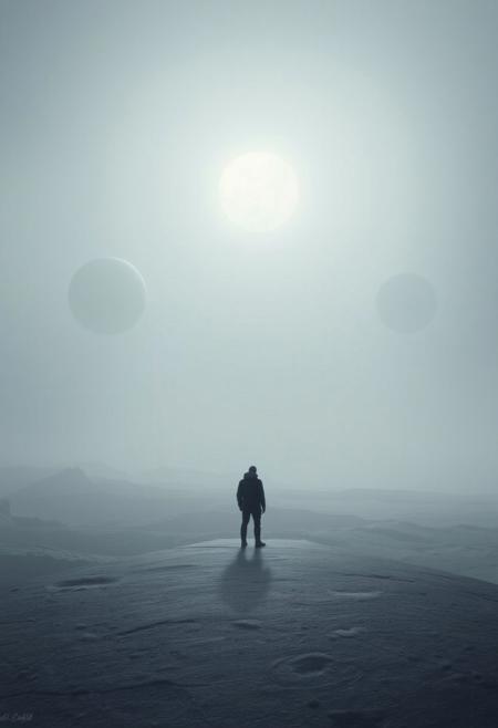 A lone figure stands at the edge of an endless, icy expanse under a gray sky, surrounded by floating circles that represent planets in orbit around them. The scene is filled with soft light and subtle hues, creating a sense of mystery and wonder as if exploring new worlds beyond our own., Dark moody lighting, concept art