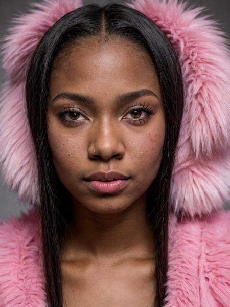 gorgeous 19 year old black woman named Kendra, straight hair, cosplay, pink furry, lipstick, beauty spots, submissive expression, hard shadows, soft lighting, sharp focus, skin details