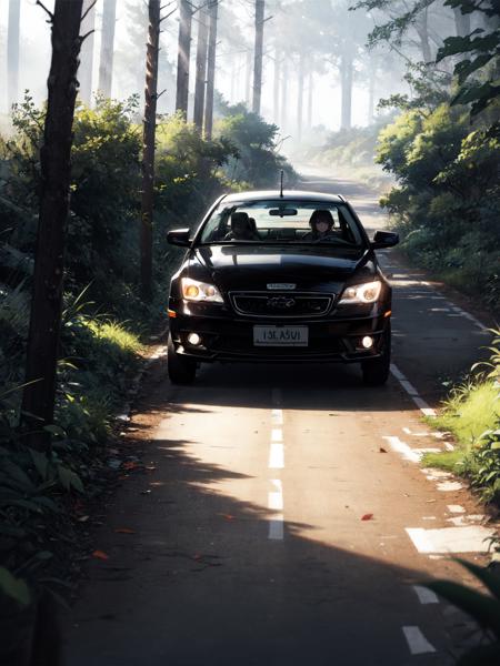 a car driving in forest, bird’s-eye view 