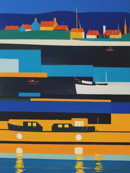 <lyco:RaimondsStaprans:1.0> 102041. A painting by Raimonds Staprans. A painting of Lerwick Harbour at night illustrates the dynamic activity and historic charm of this Scottish harbor on the Shetland Islands through a captivating blend of Cubist and Fauvist styles. The bustling port, filled with fishing vessels and twinkling harbor lights, is depicted in fragmented shapes and vibrant colors, while the surrounding town, harbor, and dark waters of the North Sea are portrayed in contrasting shades of blue, black, and yellow. The scene conveys a sense of energy and natural splendor, reflecting the enduring appeal of Lerwick Harbour at night.