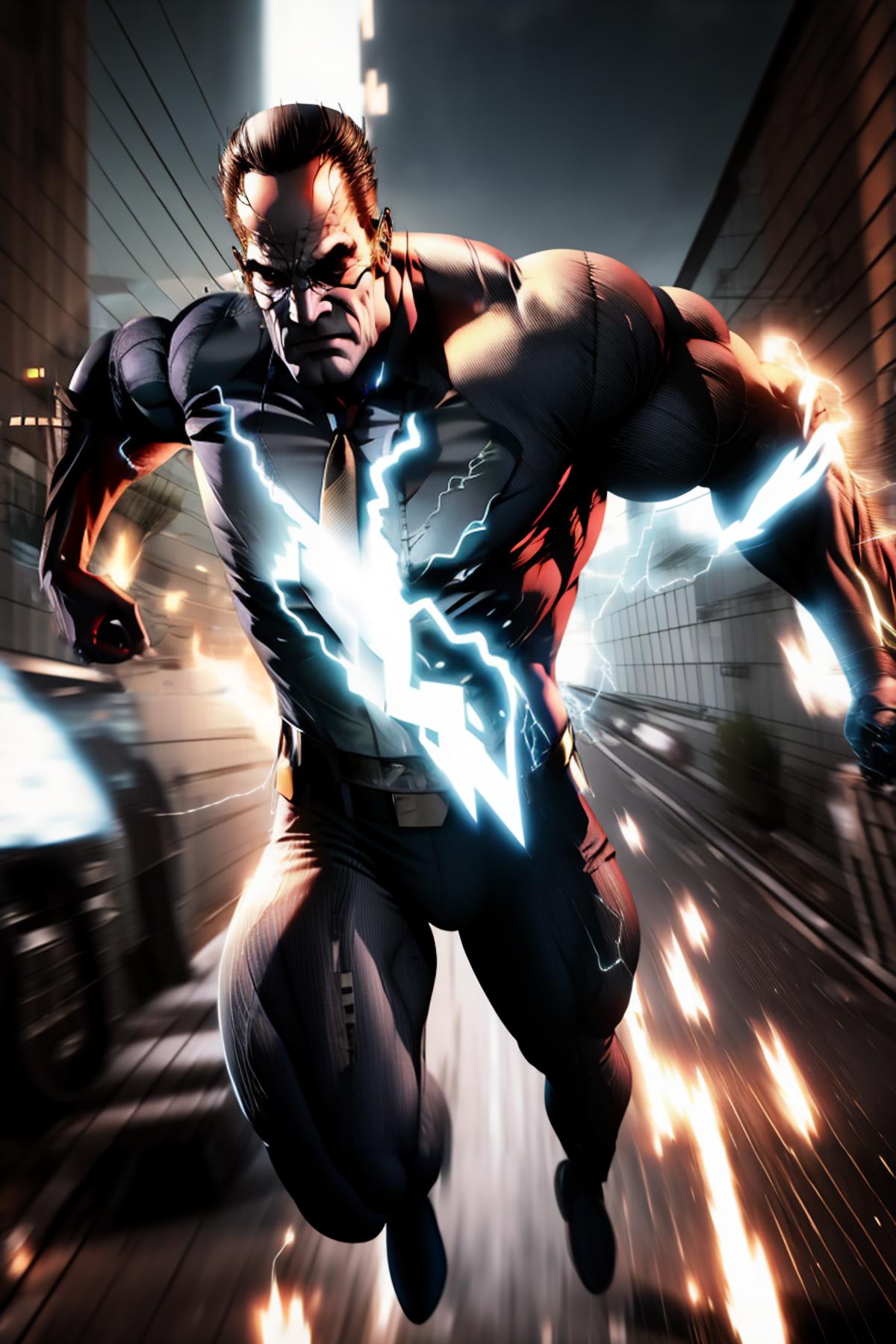 A comic book superhero character with lightning bolts as he runs through a city street.