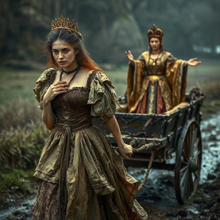 beautiful defeated and captured queen pulled behind a cart by leash around her neck, wearing muddy royal gown, disheveled hair, hands tied behind her back. behind her in a carraige, the victorious queen in magnificent robes, standing,  arms out, accepting praise