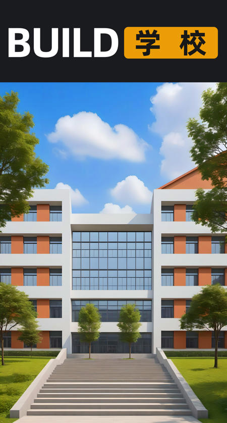 (masterpiece), best quality,8K,no humans, outdoors, xuexiao,school, building, day,blue sky,cloud,tree,grass,(stairs:0.8),window,