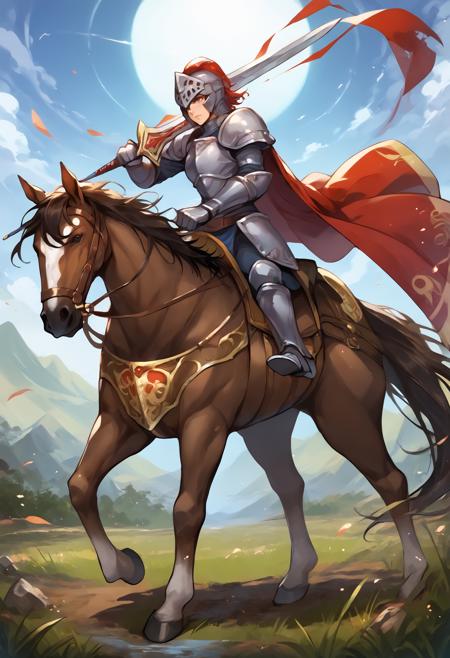 Cavalier,horse,horseback riding knight, armor, cape, grove, helmet holding sword holding spear