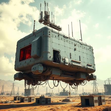 ultra high resolution, masterpiece, best quality, large rectangular gray spacecraft with an extremely rough textured surface, hovering low to the ground, underneath the spacecraft are cables, hoses, and wires, antennas on top, cables hanging from below, rectangular in shape, futuristic world, post apocalyptic landscape, ((low concrete buildings:1.3)) anti gravity, in the atmosphere, sky, clouds, ground visible, hovering, dry, ((dusty)), bleak landscape, parched, bright noon sunlight, square shapes, bleached colors, destroyed industrial buildings, powerlines and towers, concrete foundations, open entrance hatch on spaceship, soldier in dark armored spacesuit, helmet, standing in the well lit entrance, red interior lighting