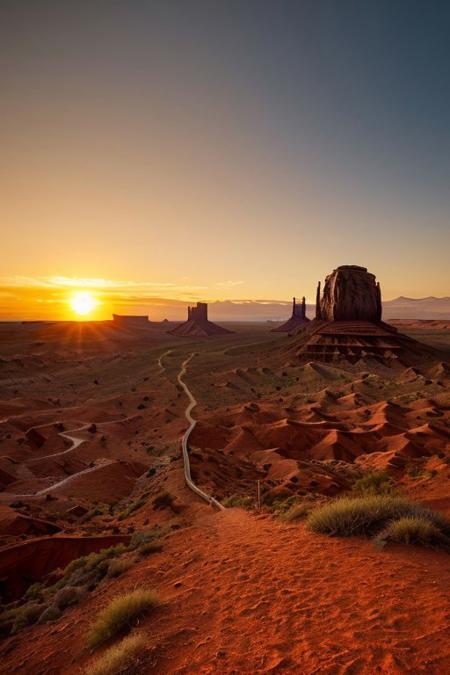 The sun sets over the horizon, casting a Resonant orange glow on the White dwarf below. In the distance, a winding path leads deep into the Monument Valley, lined with intricate ornaments of the River's waters and trees.