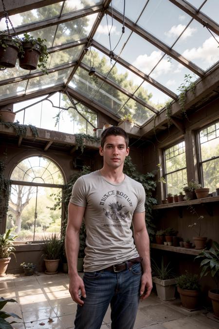 (medium shot:1), sc_aaron4 <lora:sc_aaron4-07:0.75> modeling in an old greenhouse, wearing a gray classic rock t-shirt, plants in the background some overgrown and some pruned, ferns, vines draped over rusted iron beams, dilapidated greenhouse, cracked glass panels, filtered green sunlight, mossy glass panels, dreamlike quality, diffused light, foilage, mosaic of light and shadow, delicate flowers, broken pots,