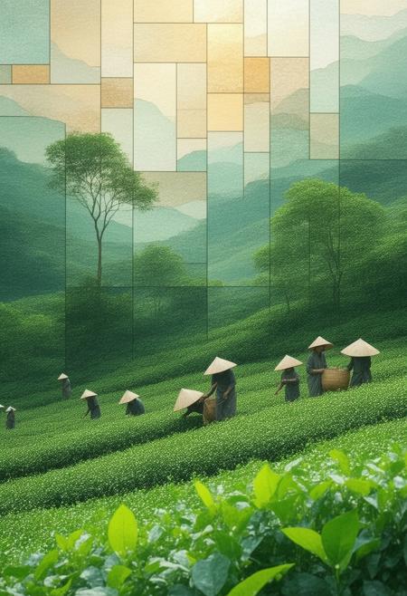 Imagine a serene Indian tea plantation nestled amongst rolling hills, reimagined as a Cubist stained-glass spectacle. Workers harvest tea leaves under the warm sunlight, their movements captured in fragmented planes. The landscape unfolds in layers of green and brown, punctuated by vibrant splashes of color from flowering shrubs. The color palette utilizes muted greens, earthy browns, soft yellows, and touches of crimson, conveying a sense of tranquility and abundance. Blend photorealistic details a the textures of the tea leaves, the details of the worker's faces, the reflections of the light a with the geometric abstraction of Cubism. The overall composition should convey a sense of peace, labor, and the natural beauty of the Indian landscape, deeply immersed in a dramatic interplay of light and shadow.