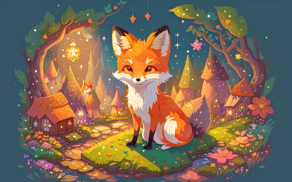 vector art of a lone cute happy fox sitting in a fairy garden, flowers, sparkles, colorful, warm, fairy huts