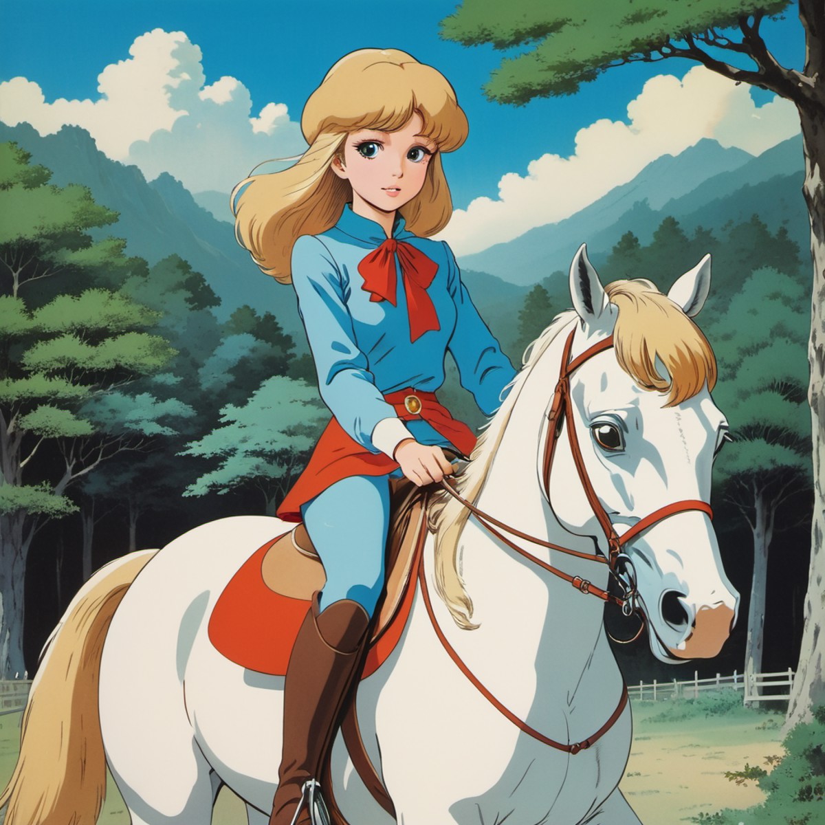 a pretty girl riding a horse, 70s anime