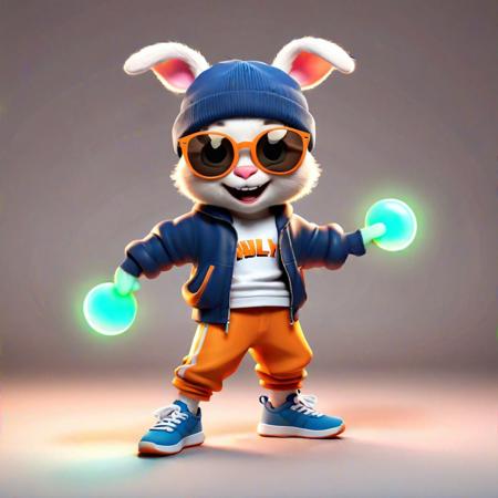 Full body, luxurious sunglasses and bun hat, excited and happy expression, wearing gym clothes and doing a breakdancing figure, holding a glow stick in both hands, cute and lovely baby monster, various movements, 2d cute, happy and fantastic, Disney animation stylish and dreamy. It's illustration-oriented, 3D-centric, and has a professional feel. Soft, modern and cool. Graphics, background is white.