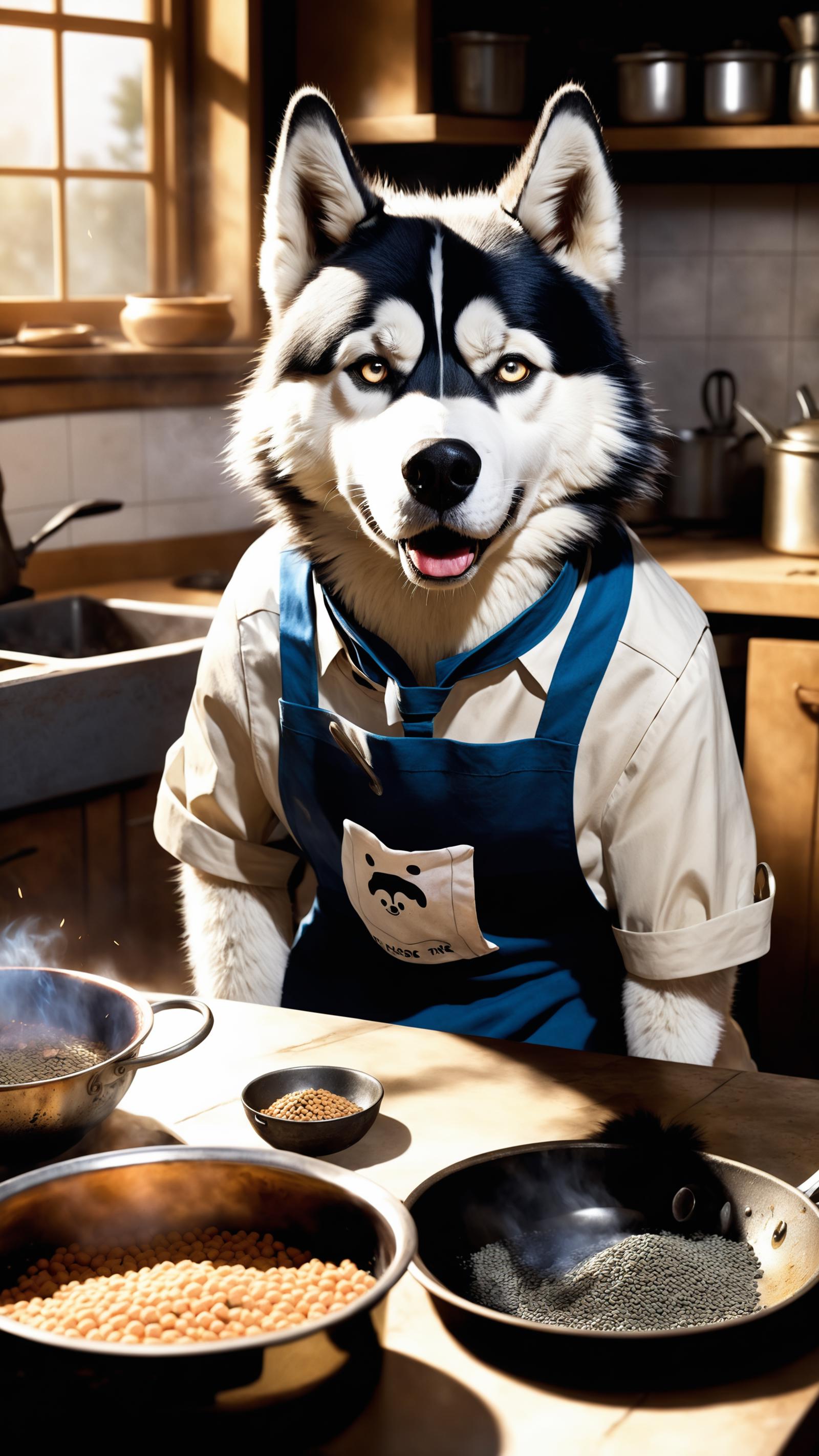A Husky dog wearing a chef's outfit stands next to a bowl of food.