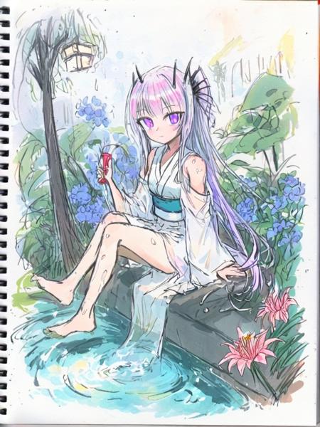 <lora:caogao:1>,sketch,1girl,solo,horns,dragon horns,dragon wings,dragon tail,dragon girl,spider lily,pointy ears,japanese clothes,flower,barefoot,long hair,tree,water,white kimono,sitting,outdoors,wet,night,wet clothes,soaking feet,lantern,bangs,pink flower,purple flower,silver hair,see-through,bare shoulders,looking at viewer,sky,house,blue flower,purple eyes,blush,one side up