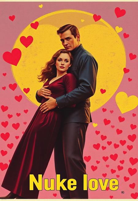 Soviet nuke poster. A man holds a woman by the waist. The inscription on the poster: "Nuke love". In the background, a radioactive Valentine's card on the entire wall.