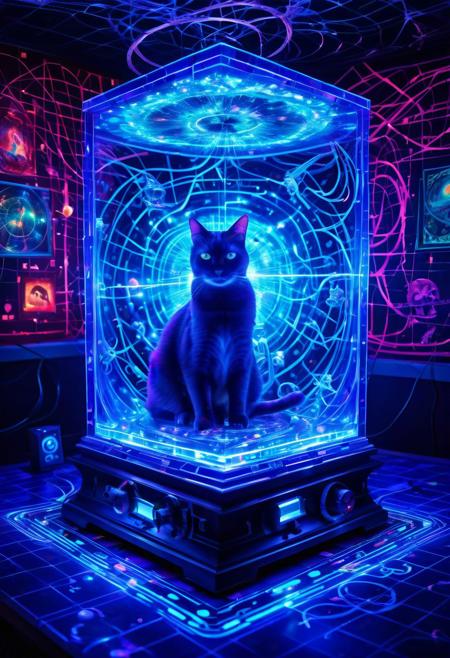 (The Quantum Suicide Machine, testing the Many Worlds Interpretation:1.6), (Schrdinger's Cat flickering between life and death:1.4), (probability waves glowing with multiverse bifurcation:1.5), morbid and quantum-theoretical, (surreal art by Dariusz Zawadzki and Alexis Rockman:1.3), superposition patterns, phosphorescent details, (emanating macabre experiment:1.7), laboratory background, ghostly hues, (a lethal gamble with parallel realities:1.4)