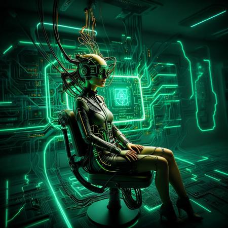 mia sara as a borg woman biocomputer, age-36, fabulous big 80s hair, skin of fluorescent iccircuitart circuit lines, weird fashion, cyberpunk fashion, futuristic fashion, eye implant, 7-jackedin connected by wires to a wall, assimilated into a medical chair by cables, inside a cyberpunk borg silicon chip, yellow and light green theme
(Professional photography, bokeh, flash photography, sharp focus, tilt-shift lens, wide angle shot:0.9)