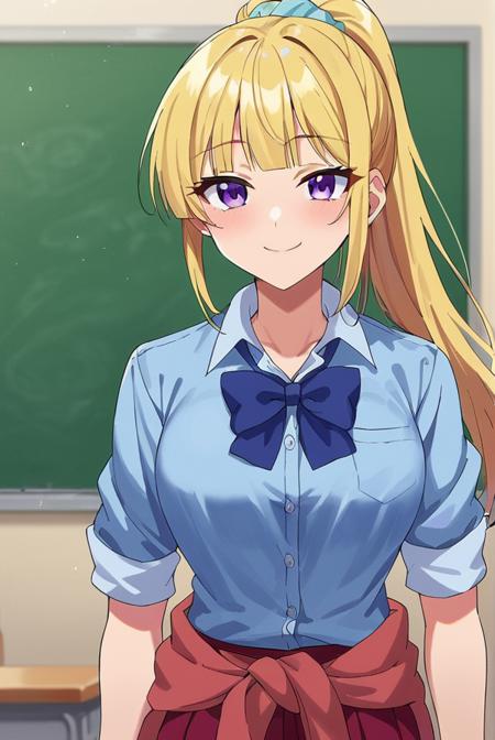 kei karuizawa, long hair, bangs, blunt bangs, purple eyes, blonde hair, shirt, hair ornament, ponytail, scrunchie, blue scrunchie, smile, skirt, shirt, bow, school uniform, jacket, red jacket, pleated skirt, bowtie, sweater, blue bow, blue shirt, skirt, red skirt, pleated skirt, shirt, bow, school uniform, blue shirt, bowtie, blue bow, clothes around waist, sleeves rolled up, clothes around waist, jacket around waist, sweater around waist,