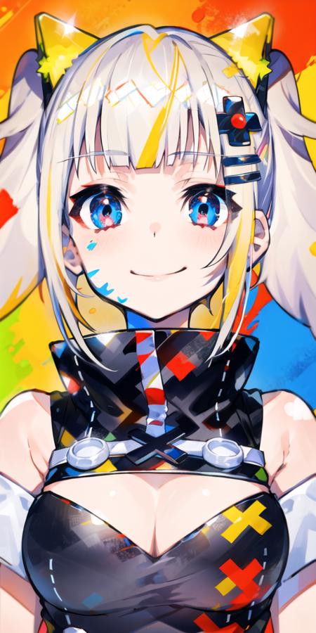 kaguya luna, 1girl, :o, bangs, bare shoulders, black dress, blue background, blue eyes, blush, cleavage cutout, close-up, closed mouth, d-pad, d-pad hair ornament, dress, eyebrows visible through hair, finger to mouth, grey hair, hair ornament, hairclip, looking at viewer, colorful, multicolored background, multicolored eyes, multicolored hair, open mouth, paint, paint on body, paint on clothes, paint on face, paint splatter, pink eyes, pink hair, red background, short hair, short twintails, sleeveless, sleeveless dress, smile, twintails, upper body, v-shaped eyebrows, virtual youtuber, x hair ornament, yellow background, clothing cutout, solo, breasts, paint splatter on face, white hair, cleavage, character name, x, portrait, print shirt, print hair, <lora:mika_locon_v3l:1>