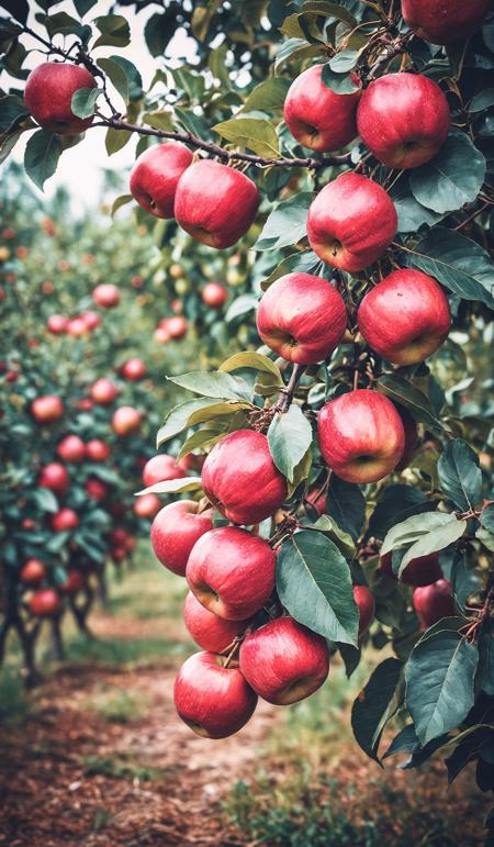 Ripe red apples in fruit orchard ready to be harvested against blurred background. Dramatic unusual scene. Beauty world. Retro filter and vintage style. Instagram toning effect, breathtaking photograph.