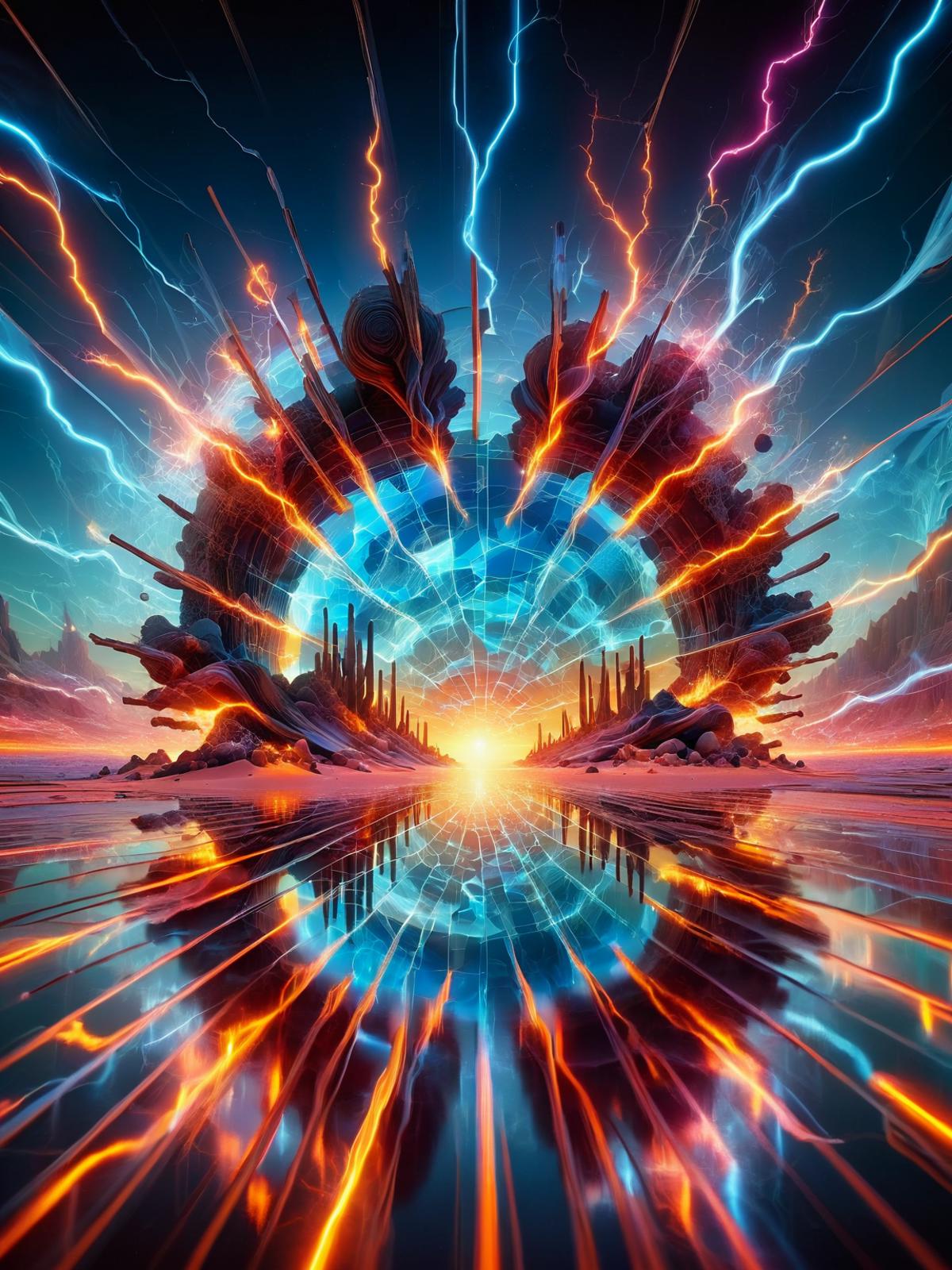 A vibrant digital art piece featuring a colorful, abstracted landscape with a sun at the center, surrounded by a swirling vortex of bright colors and lightning bolts. The scene captures a sense of energy and movement, creating a visually striking and dynamic composition.