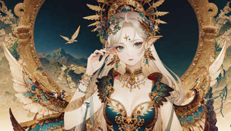 masterpiece, best quality, extremely detailed, wings, jewelry, multiple wings, long hair, flower, feathered wings, bird, multiple girls, hair ornament, breasts, cloud, beads, holding, earrings, necklace, bracelet, looking at viewer, mountain, feathers, shawl, facial mark