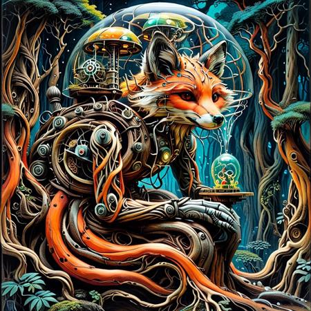 PG-TR, Studio Ghibli Dark Fairytale,
1950s pulp paperback cover art, illustration of an wood automaton made of roots, head is a transparent dome with a fox inside controlling the automaton, bold colors, retro fantasy art, no text , dark gradient texture background , retro color scheme