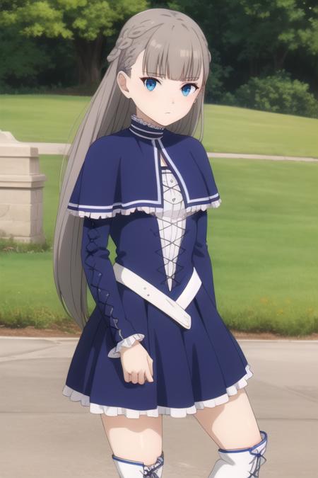 very long hair,grey hair,french braid,blunt bangs,blue eyes frills,blue capelet,blue dress,cross-laced clothes,long sleeves,frilled sleeves,small breasts,knee boots,lace-up boots,cross-laced footwear,white footwear