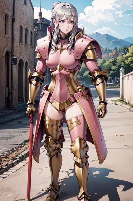 standing,<lora:effieV2-000014:0.9>,def_effie, pink breastplate, armor, thighhighs, boots, looking at viewer,shoulder armor, faulds,  poleyn,gauntlets, Rerebrace armored boots,pauldrons,castle gate,(masterpiece, best quality, ultra-detailed, best shadow)