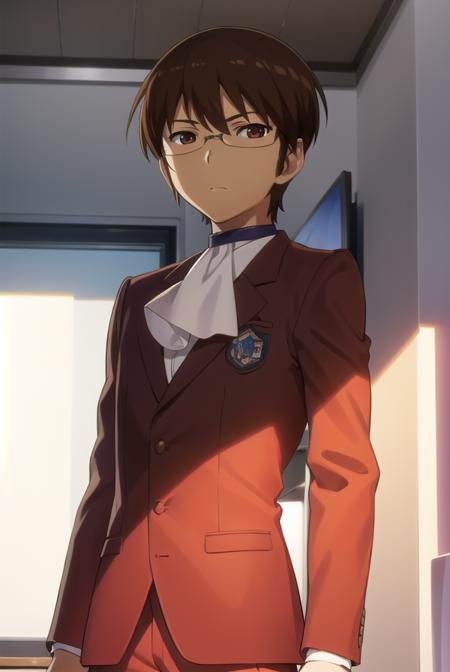 keima katsuragi, brown hair, male focus, glasses, (brown eyes:1.5), school uniform, ascot, formal, pants, long sleeves,