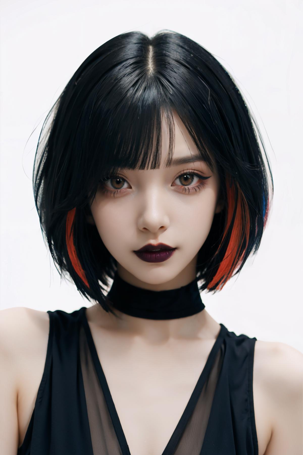 A woman with short black hair, a black choker, and red highlights.