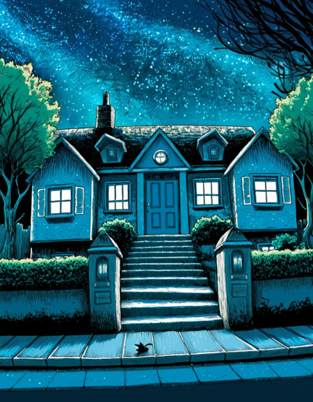 t1md0yl3, outdoors scenery, no humans,
a street running through a row of houses houses, liminal space, 
peaceful, serene, sky, tree, window, night, border, building, star (sky), night sky, starry sky, stairs, door, bush, suburbia, 
<lora:tim_doyle-SDXL-v1:1>
