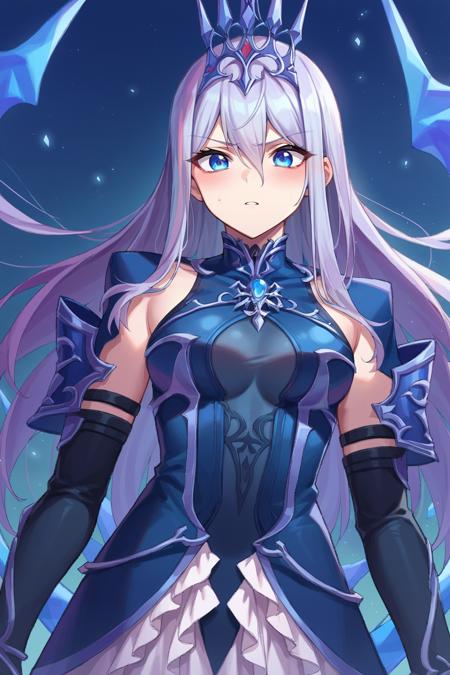 edgShiva,white hair,crown of ice,dress,armor blue eyes, gloves