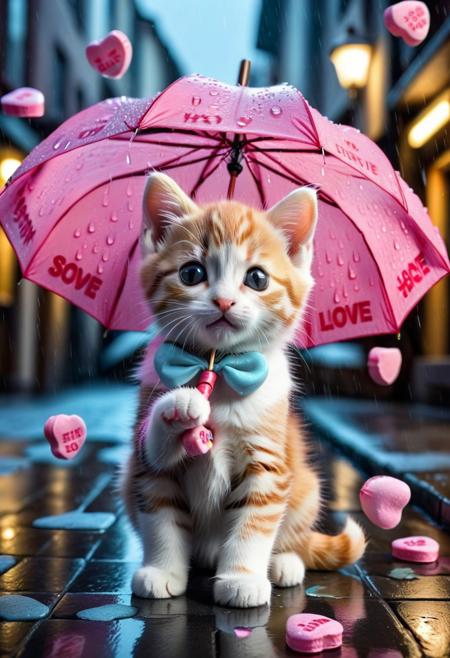 score_9, score_8_up, score_7_up, masterpiece-level, highly detailed, fantasy-themed, cute animal focus, really cute animal, cute focus, intricate details, vibrant and hilariously relaxed aesthetics, (rain made from candyhearts,:1.5) , tiny candy hearts poaring, (raindrops made from candyhearts,:1.5) holding, umbrella:2, raining, kitten:2, standing, photorealistic render with Warframe aesthetic, dramatic lighting, best quality, plastic umbrella, (raindrops made from candyhearts:1.5)visible to shelter protecting a tiny, shivering calico kitten kitten nestled in a dark, atmospheric alleyway between high-tech buildings, (rain made from candyhearts:1.5) pouring down dramatic nighttime lighting, illuminated primarily by streetlights and the focusing on the kitten huddled safely, cute kitten, protection, rainy night, umbrella, juxtaposition, touching moment, sci-fi elegance, masterpiece, best quality, best quality, absurdres, 8k, HDR, <lora:albrecht_labs:1>