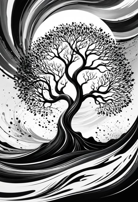 monochrome ink art, twisted tree, abstract sun, fluid brushstrokes, black and white, ink splatter, expressive illustration, surreal landscape, wind or waves, dramatic composition, nature and abstraction, dynamic motion