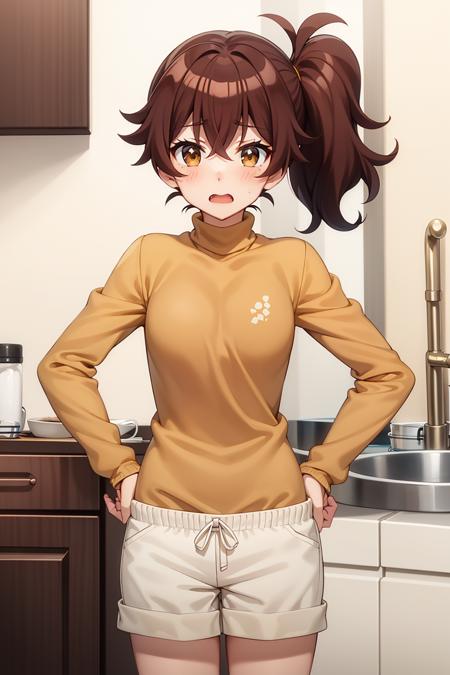 best quality, masterpiece, detailed,
<lora:ImoutoSaeIrebaIi_HarutoImouto:1>, HarutoImouto,
solo, open mouth, blush,
brown hair, brown eyes, side ponytail, fang,
turtleneck, orange sweater, white shorts,
standing, hands on hips, looking at the viewer,
indoors, kitchen