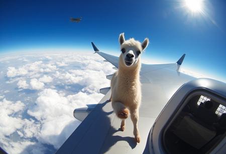 “A llama jogging on the wing of an Airbus, its fluffy fur billowing in the wind as it moves, looking directly at the viewer through the window of the plane. The scene is captured with a cheap GoPro camera using a hyper fisheye lens, creating a distorted, wide-angle view. The plane is cruising high above the clouds, sunlight reflecting off its metallic surface. Inside the cabin, passengers are visible through the window, clearly startled by the sight. The llama has an unsettling, creepy smile, adding a surreal and eerie atmosphere to the scene. In the background, an F-35 fighter jet floats among the clouds, intensifying the bizarre, dreamlike quality of the moment.”
