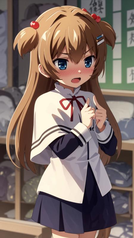 (masterpiece, best quality), ray tracing, absurdres,Jimeko-san, 1girl, school uniform, solo, blue eyes, blush, two side up, long hair, fang, index fingers together, brown hair, hair ornament, open mouth, hair bobbles, fidgeting, capelet, white capelet, <lora:Jimeko-san_v2:0.8>