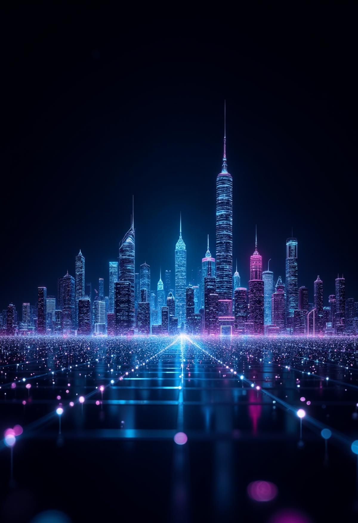 This eye-catching digital artwork features a neon-lit city skyline in wire form with a futuristic background. The black space serves as a canvas for the glowing blue and purple lights that seem to pulse along the building, giving the work a sense of movement and energy. The contrast between the illuminated areas and the dark background creates a striking visual effect and emphasizes the elegance of the skyliner. This work demonstrates the artist's ability to combine traditional art techniques with digital technology, resulting in a stunning holographic style image that captivates the viewer. ,  <lora:FluxDFaeTasticDetails.safetensors:0.8> <lora:glowing_flux.safetensors:0.8>,