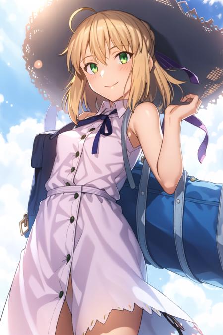 saber Saber, 1girl, dress, hat, solo, blonde hair, smile, white dress, braid, long hair, ribbon, sleeveless, green eyes, ahoge, black ribbon, bag, sleeveless dress, arm up, sun hat, neck ribbon, sundress, buttons, bangs, closed mouth, breasts, standing, sidelocks, straw hat, hair between eyes, small breasts, brown headwear, collared dress, Saber, 1girl, solo, green eyes, blonde hair, dress, veil, wedding dress, flower, bouquet, ahoge, bridal veil, white dress, choker, looking at viewer, gloves, elbow gloves, bare shoulders Saber, 1girl, solo, blonde hair, school uniform, thighhighs, green eyes, serafuku, skirt, crossed arms, black thighhighs, zettai ryouiki, pleated skirt, looking at viewer, braid, blush, outdoors, beach, upper body,  Saber, 1girl, solo, blonde hair, ahoge, green eyes, armor, dress, long sleeves, ribbon, braid, puffy sleeves, hair ribbon, breasts, juliet sleeves, blue dress, standing, medium breasts, closed mouth, sidelocks, hair between eyes, short hair, bangs, hair bun, outdoors, upper body, 